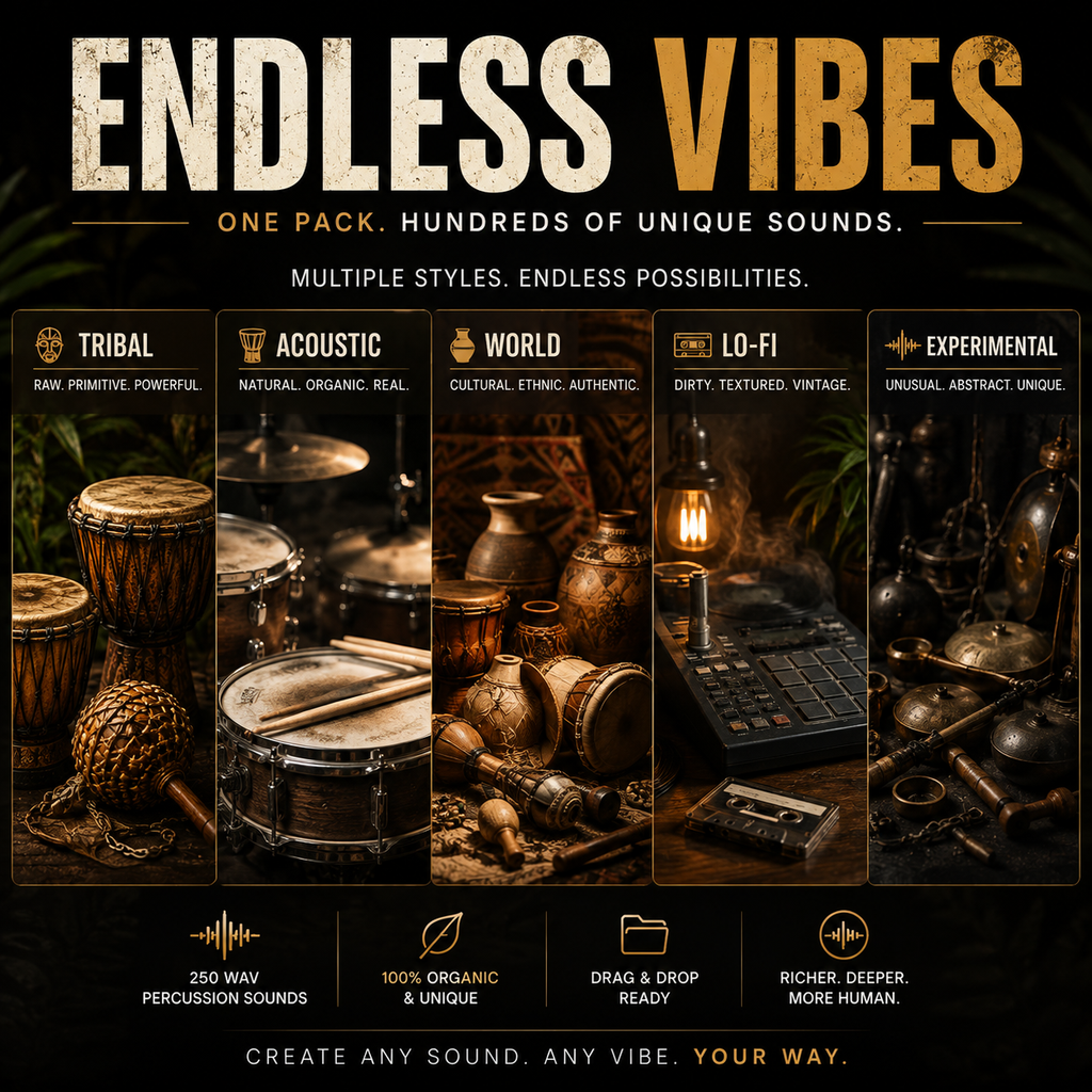 Promotional graphic for a sound library pack titled 'ENDLESS VIBES' with the tagline 'ONE PACK. HUNDREDS OF UNIQUE SOUNDS.