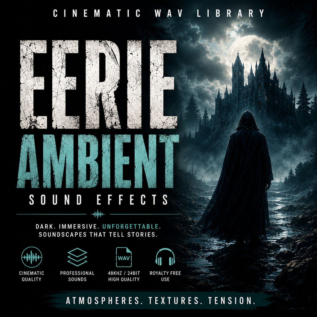 Promotional cover art for a sound library titled 'Eerie Ambient Sound Effects' with a dark fantasy scene of a cloaked figure facing a haunted castle under a full moon. Large distressed text reads 'EERIE AMBIENT,' with smaller text describing cinematic sound effects and feature icons at the bottom.