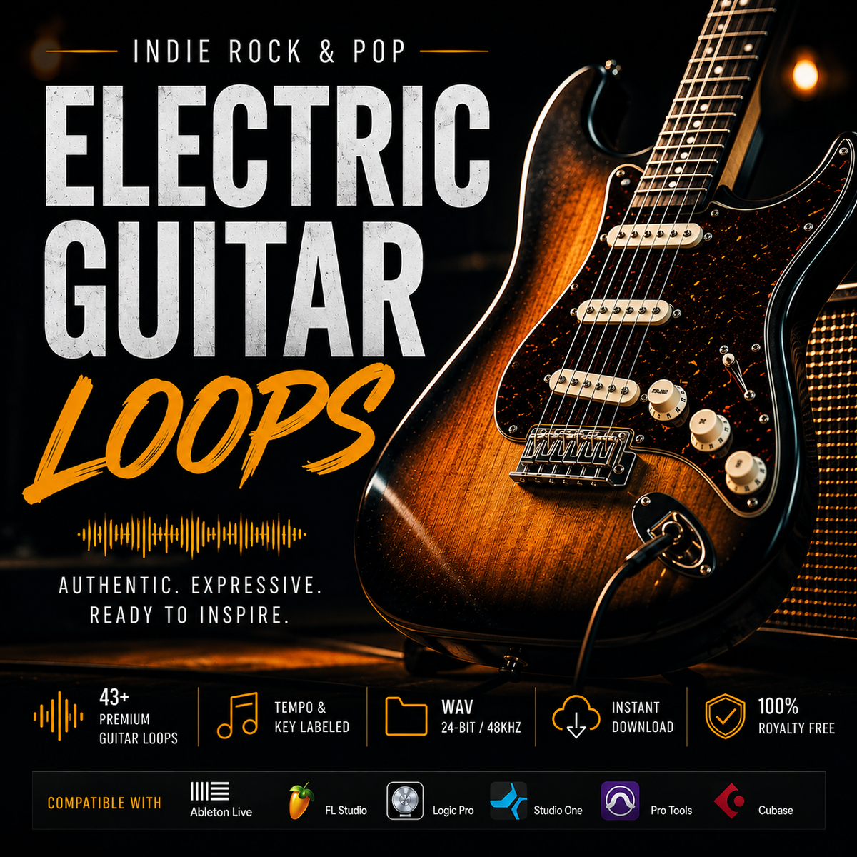 Promotional graphic for an electric guitar music loop pack, featuring a close-up of a sunburst electric guitar on the right and large text reading 'INDIE ROCK & POP ELECTRIC GUITAR LOOPS' on the left. Smaller text highlights loop count, tempo/key labeling, WAV format, instant download, and compatibility with Ableton Live, FL Studio, Logic Pro, Studio One, Pro Tools, and Cubase.