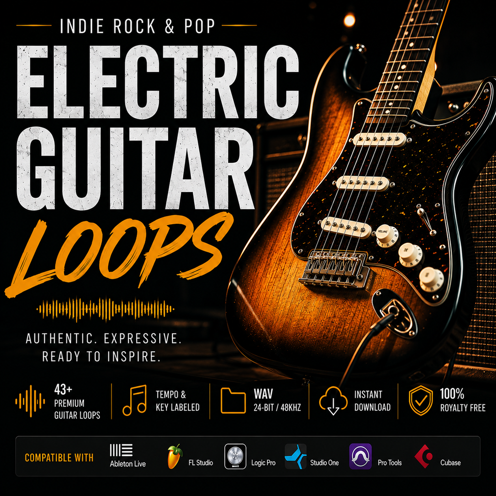 Promotional graphic for 'Electric Guitar Loops' in the Indie Rock & Pop genre, featuring a close-up of a sunburst electric guitar against a dark background with bold white and orange text.