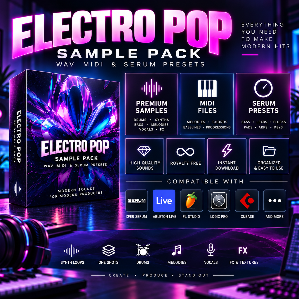 Promotional graphic for the 'Electro Pop Sample Pack' containing wav, midi, and serum presets. The design features a dark purple and blue neon aesthetic with a software box mockup, a grid of feature icons, and compatibility logos for VSTs, Ableton Live, FL Studio, Logic Pro, and Cubase.