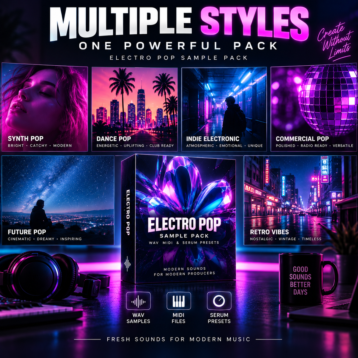 Promotional graphic for an 'Electro Pop Sample Pack' featuring a central box mockup surrounded by six example music tracks labeled Synth Pop, Dance Pop, Indie Electronic, Commercial Pop, Future Pop, Retro Vibes, with a mug reading 'Good Sounds Better Days'.