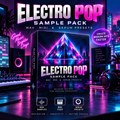 Electro Pop Sample Pack digital product cover mockup shown prominently in the center, with a neon city scene and headphones in the background. Text reads 'Electro Pop Sample Pack,' 'Wav Midi & Serum Presets,' and 'Create Modern Hits Faster.