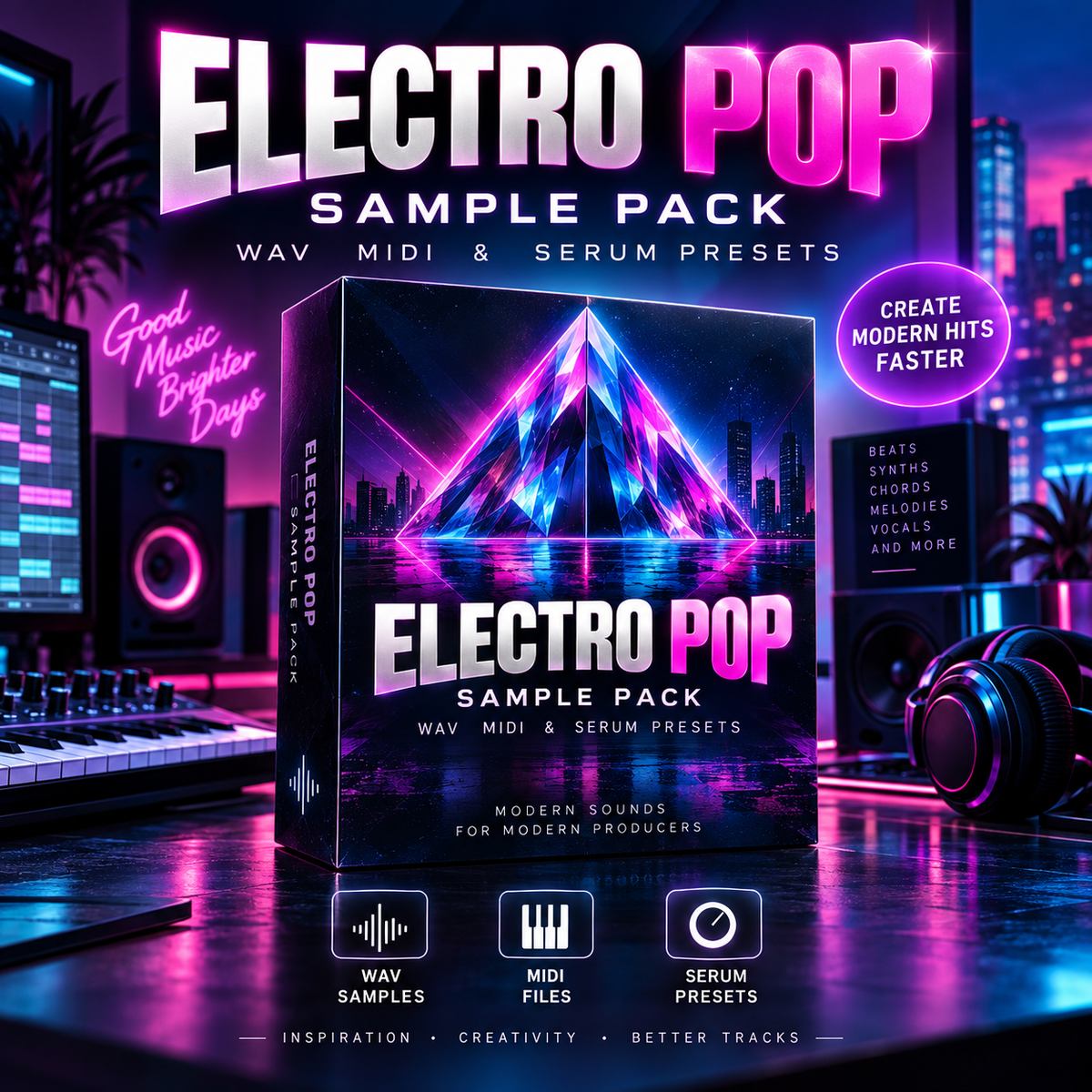 Electro Pop Sample Pack digital product cover mockup shown prominently in the center, with a neon city scene and headphones in the background. Text reads 'Electro Pop Sample Pack,' 'Wav Midi & Serum Presets,' and 'Create Modern Hits Faster.