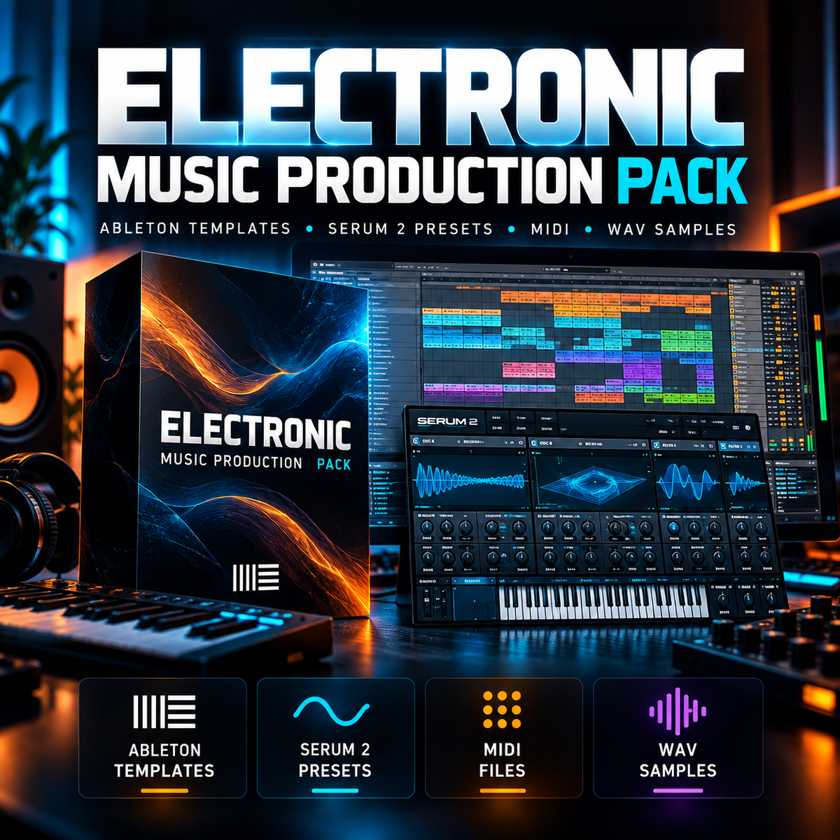 Promotional graphic for an Electronic Music Production Pack, showing a software template package box, a computer with Ableton Live interface, a modular synthesizer, and four feature icons for Ableton templates, Serum 2 presets, MIDI files, and WAV samples.