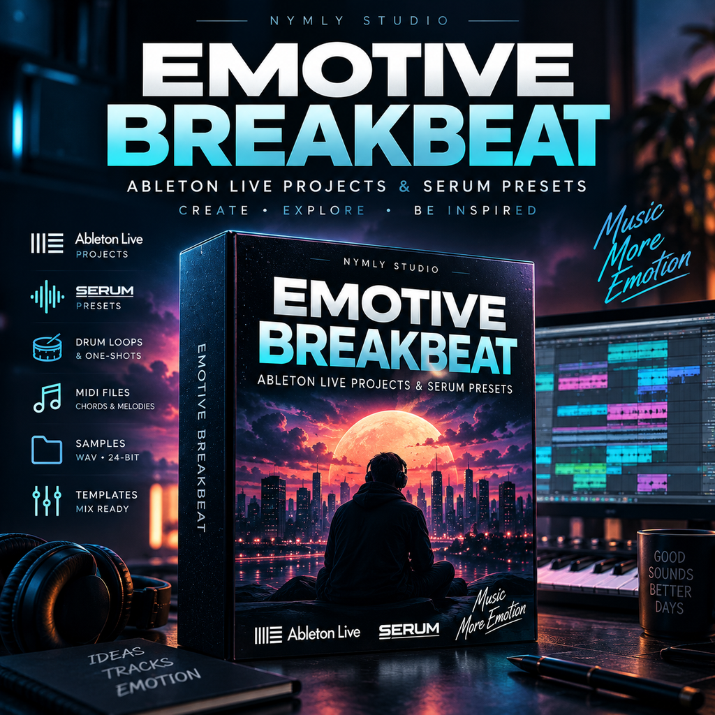 Digital product cover for 'Emotive Breakbeat' by Nymly Studio, designed for Ableton Live and Serum, shown as a 3D software box mockup on a dark desk with a keyboard, headphones, and computer screen in a cyberpunk setting.