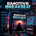 Digital product cover for 'Emotive Breakbeat' by Nymly Studio, designed for Ableton Live and Serum, shown as a 3D software box mockup on a dark desk with a keyboard, headphones, and computer screen in a cyberpunk setting.