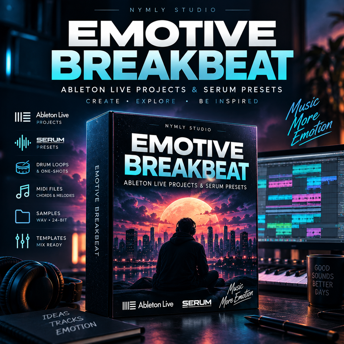 Digital product cover for 'Emotive Breakbeat' by Nymly Studio, designed for Ableton Live and Serum, shown as a 3D software box mockup on a dark desk with a keyboard, headphones, and computer screen in a cyberpunk setting.