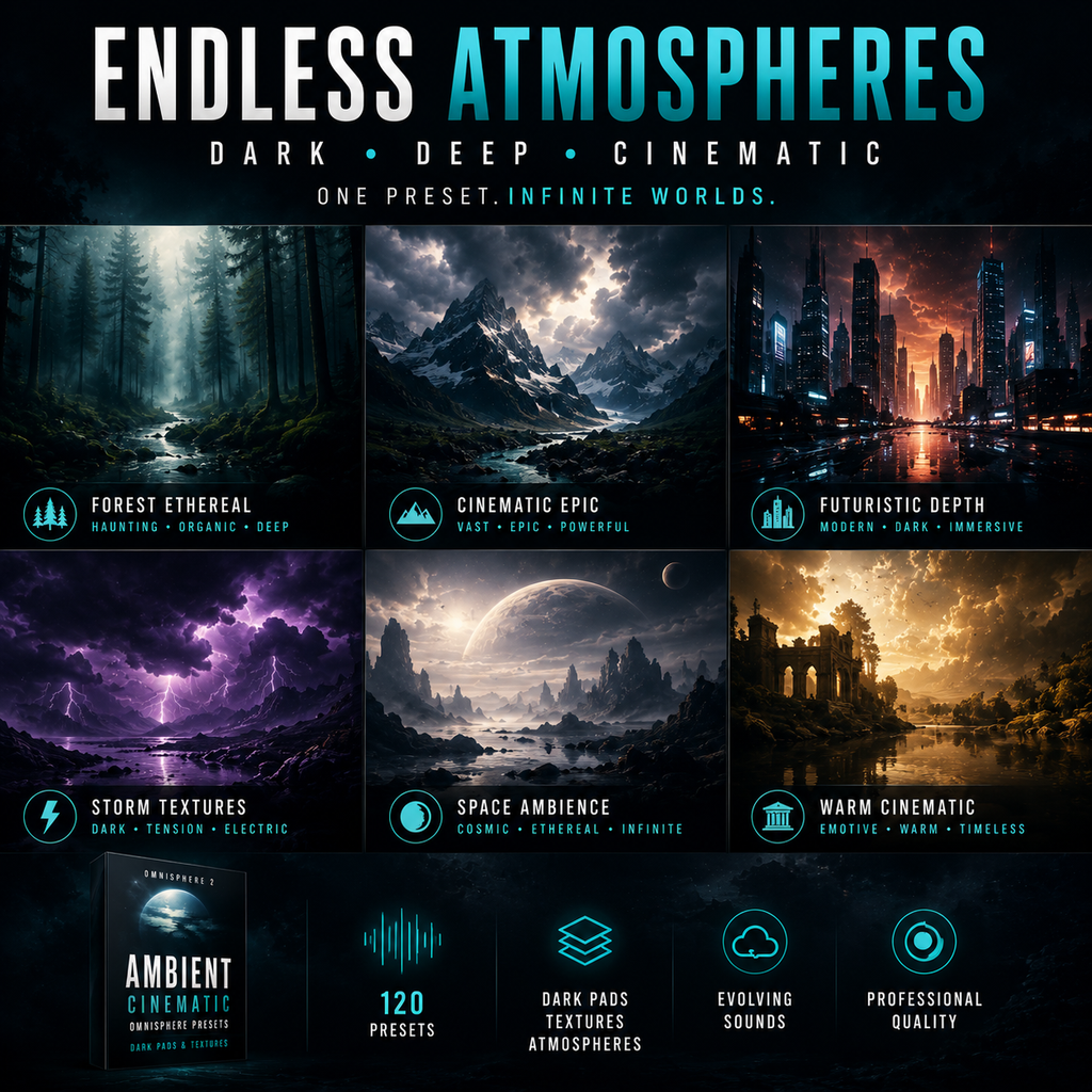 Ambient cinematic Omnisphere presets with dark forests, epic landscapes, futuristic, storm, space, and warm cinematic textures.