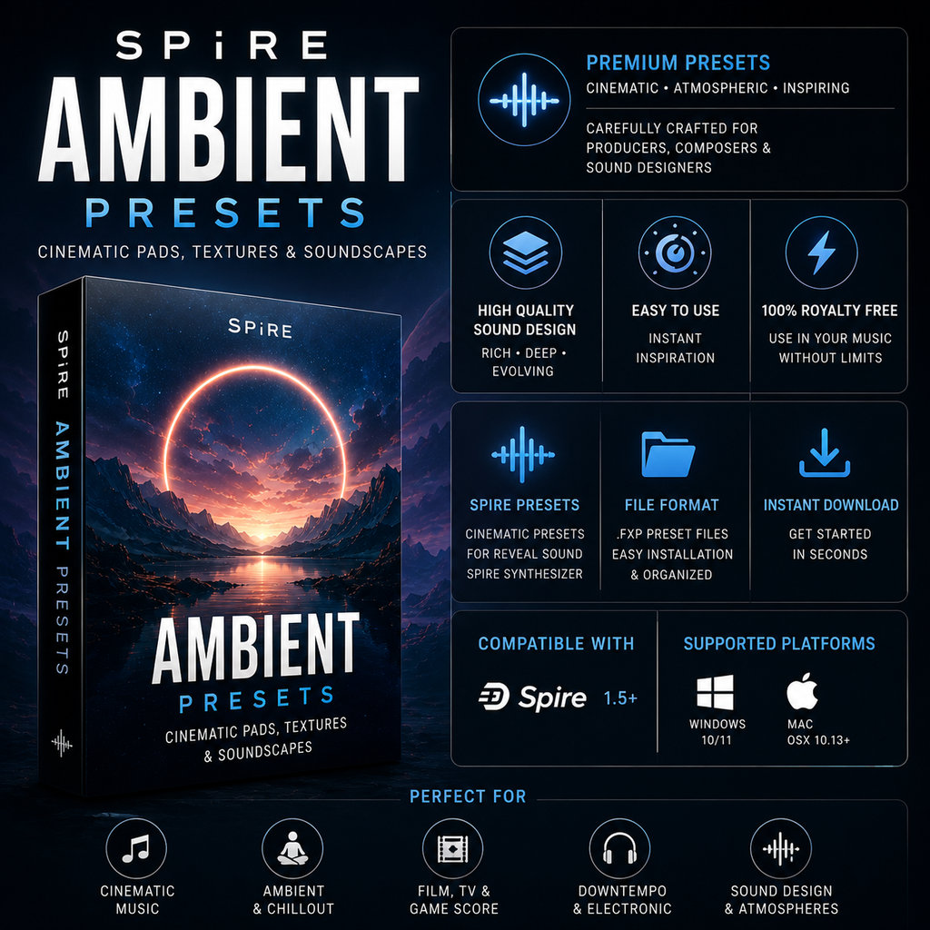 Promotional graphic for Spire Ambient Presets, showing a software box cover on the left and a grid of feature callouts on the right. The design uses dark blue, black, and orange tones with icons for cinematic atmosphere, high-quality sound design, ease of use, royalty-free use, instant download, and compatibility with Spire 1.
