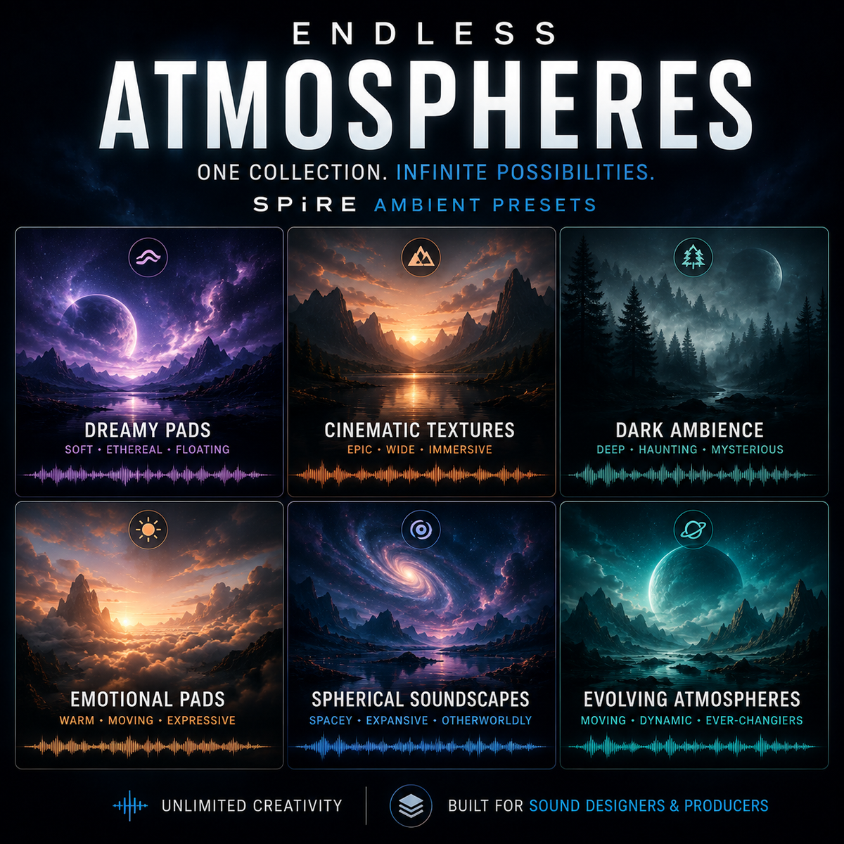 Promotional graphic for 'Endless Atmospheres' preset pack by Spire Ambient Presets, showing six illustrated preset covers: Dreamy Pads, Cinematic Textures, Dark Ambience, Emotional Pads, Spherical Soundscapes, and Evolving Atmospheres.