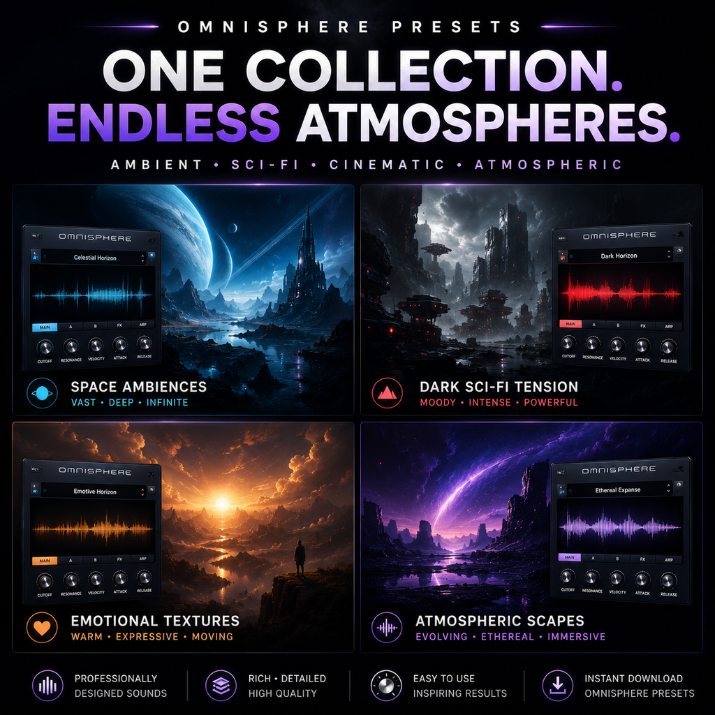 Promotional graphic for Omnisphere presets showing four atmospheric sound design categories: Space Ambiences, Dark Sci-Fi Tension, Emotional Textures, and Atmospheric Scapes. The design uses a dark background with large white and purple headline text and four rectangular preview panels displaying sample audio visualizations and interface screenshots.