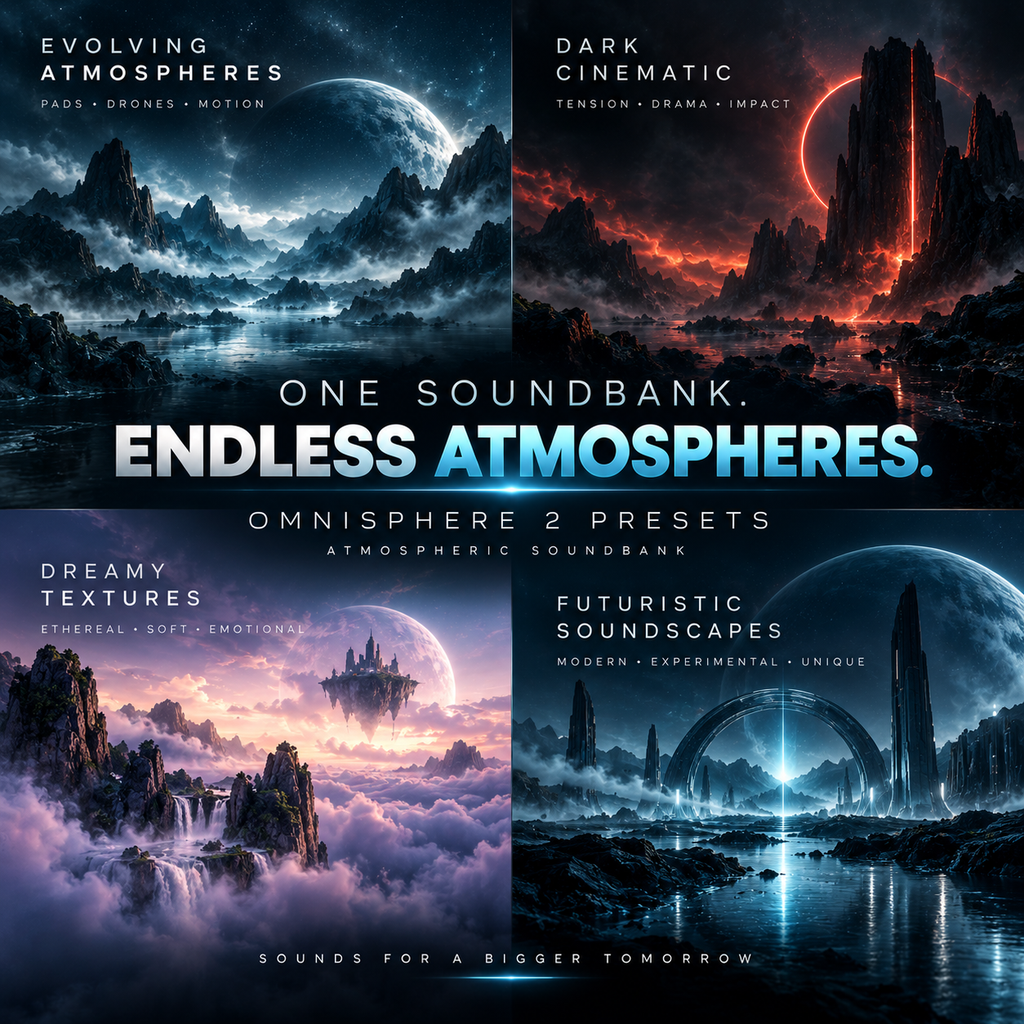 Promotional graphic for Omnisphere 2 presets titled 'Endless Atmospheres,' showing four fantasy/sci-fi landscape scenes in a 2x2 grid: Evolving Atmospheres, Dark Cinematic, Dreamy Textures, and Futuristic Soundscapes. Text across the center reads 'One Soundbank.