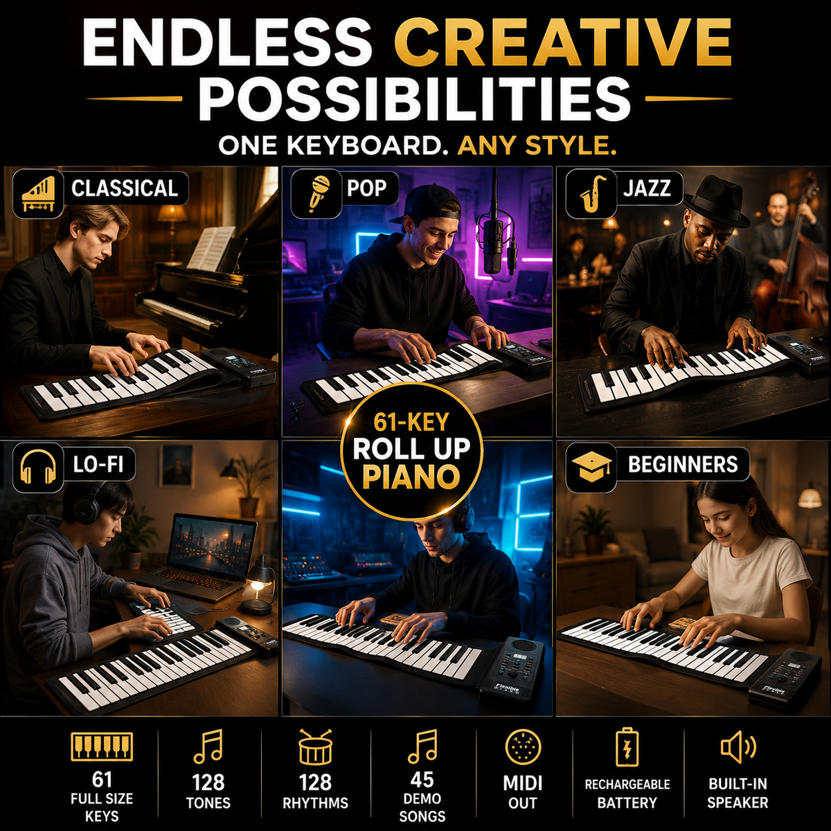 Promotional collage for a 61-key roll-up piano showing six users playing different music styles: Classical, Pop, Jazz, Lo-Fi, and Beginners. The image features a black background with gold and white text, and a central gold badge highlighting '61-Key Roll Up Piano'.