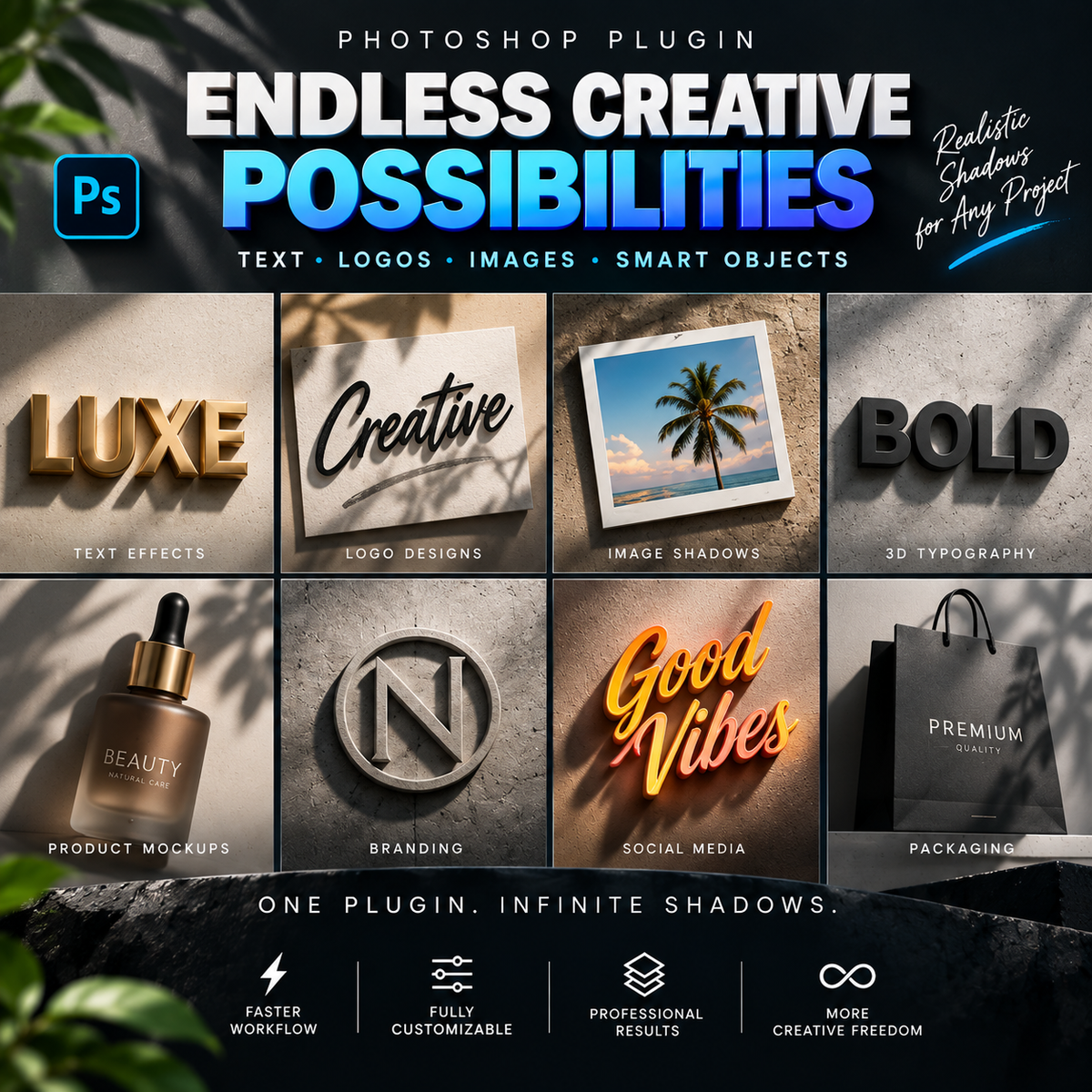 Promotional graphic for a Photoshop plugin titled 'Endless Creative Possibilities,' showing sample text effects, logo designs, image shadows, 3D typography, product mockups, branding, social media text effects, and packaging in a dark, shadow-rich design system. The Adobe Photoshop 'Ps' logo is visible in the top left.