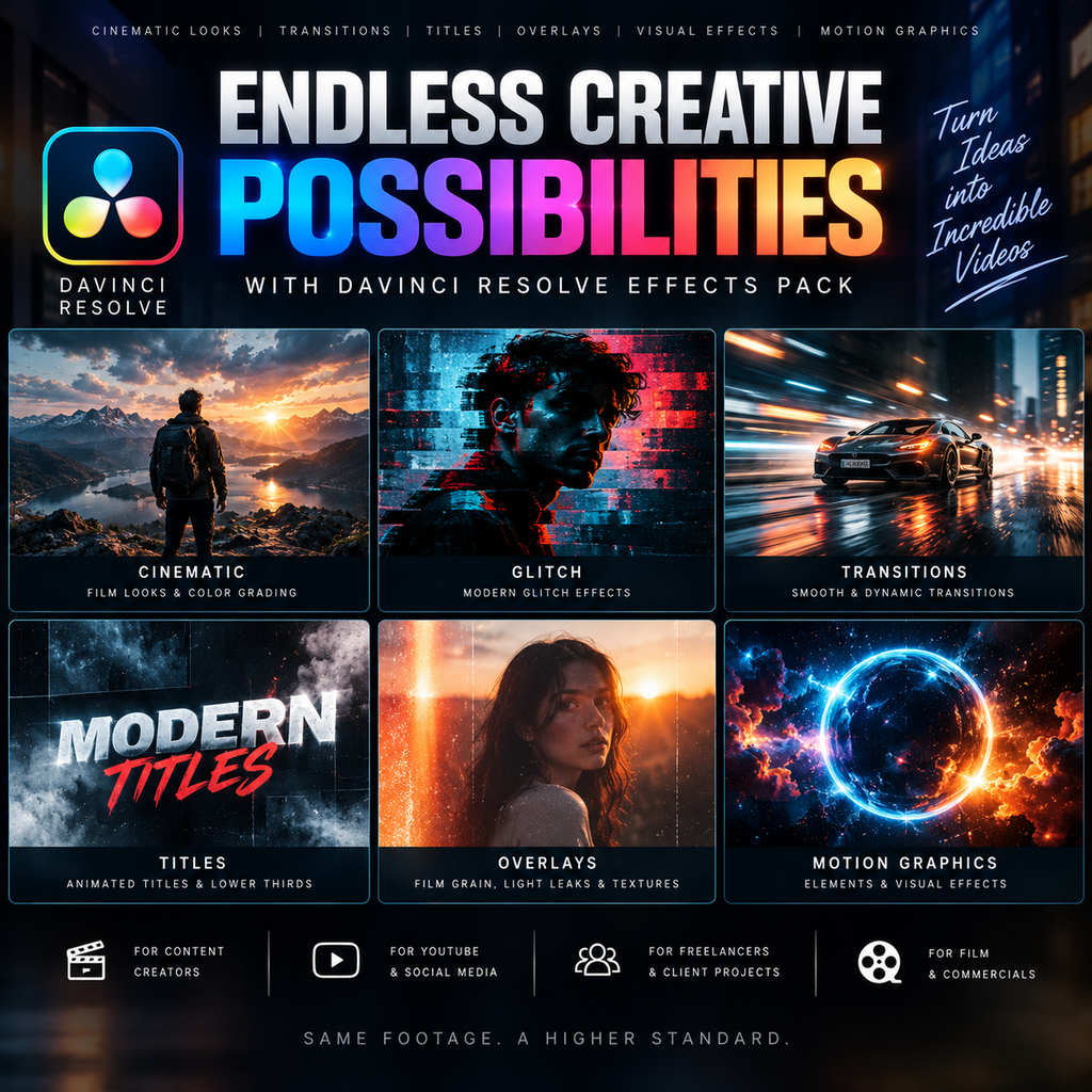 Promotional graphic for a digital product, 'Endless Creative Possibilities' Davinci Resolve effects pack, showing six preview tiles of cinematic graphics, titles, overlays, and transitions.