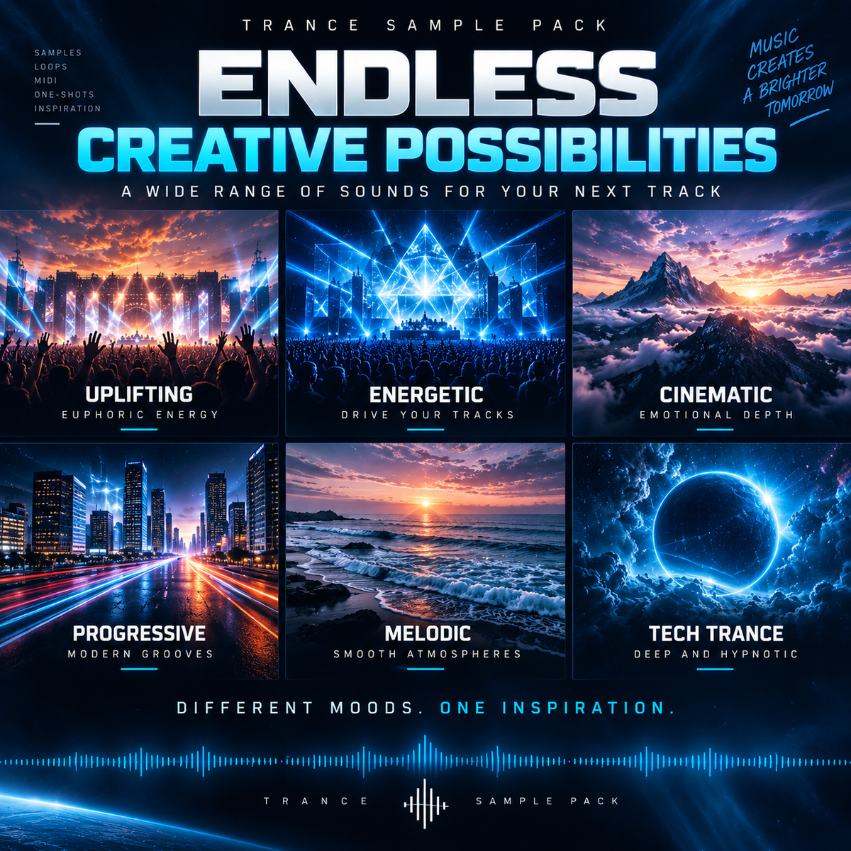 Promotional cover art for a digital sample pack titled 'ENDLESS CREATIVE POSSIBILITIES' with six music-style scene tiles: concert lights, energetic stage visuals, mountain landscape, city street at sunset, ocean sunset, and a blue cosmic ring. Text reads 'TRANCE SAMPLE PACK' and 'A WIDE RANGE OF SOUNDS FOR YOUR NEXT TRACK.