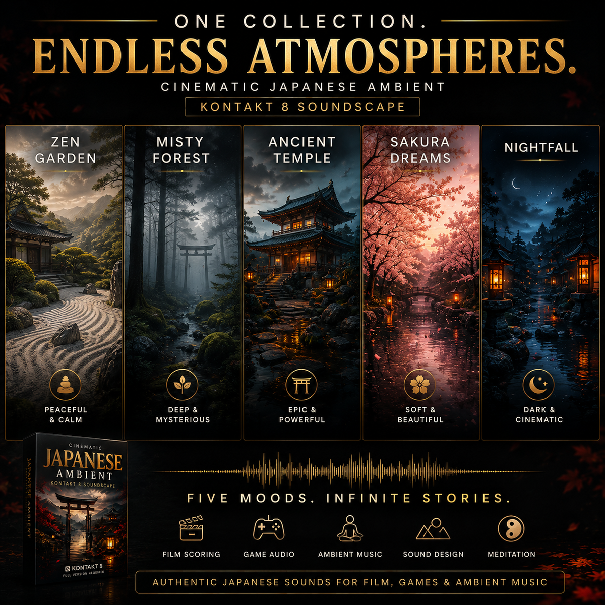 Promotional graphic for Kontakt 8 Japanese ambient sound effects samples titled 'Endless Atmospheres.' It shows five vertical mood panels labeled Zen Garden, Misty Forest, Ancient Temple, Sakura Dreams, and Nightfall, each with a dark atmospheric scene and descriptive text.