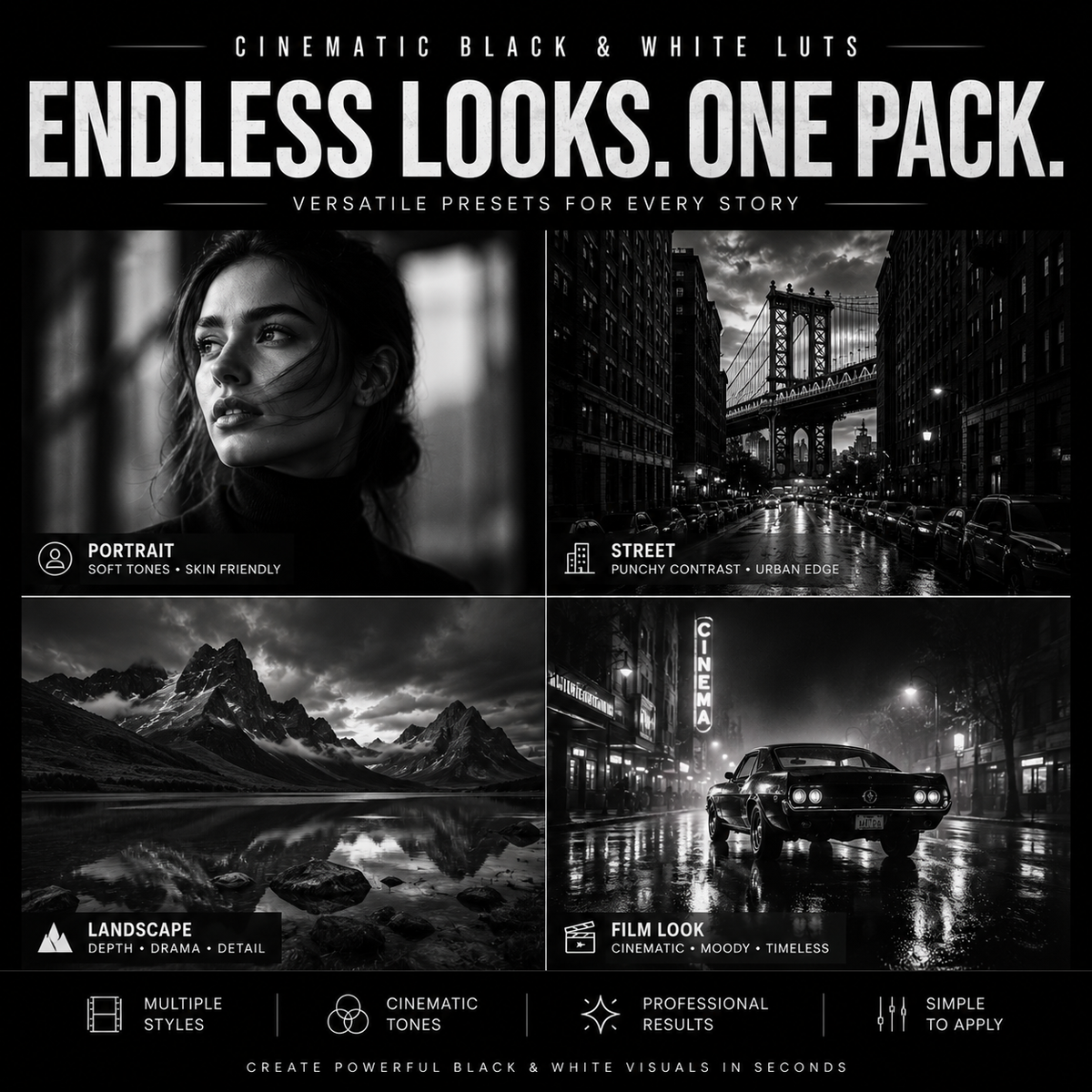 Promotional graphic for a black and white preset pack titled 'ENDLESS LOOKS. ONE PACK' with four example photos showing portrait, street, landscape, and film-style monochrome results.