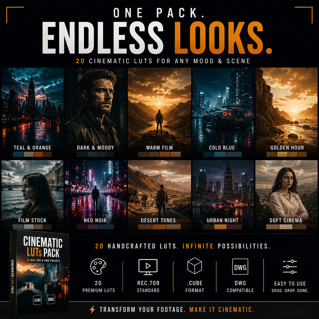 Promotional graphic for a cinematic LUTs pack showing a grid of ten mood-style preview tiles, including teal and orange, dark and moody, warm film, cold blue, golden hour, film stock, neo noir, desert tones, urban night, and soft cinema. Large text reads 'ONE PACK.
