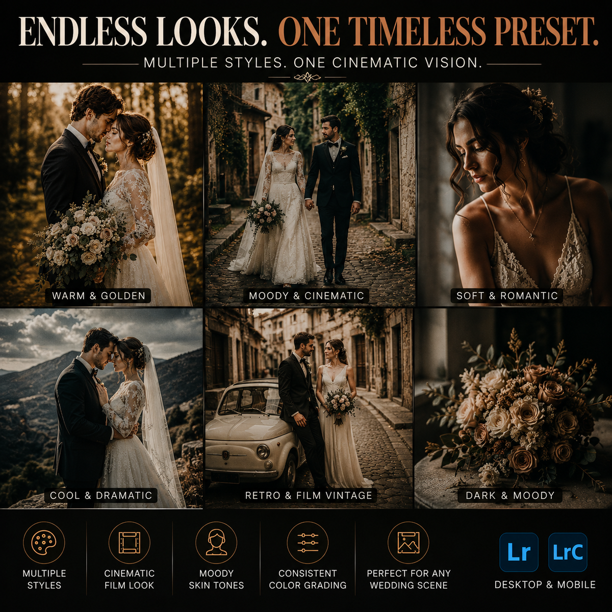Promotional graphic for a photo editing preset called 'Endless Looks. One Timeless Preset.