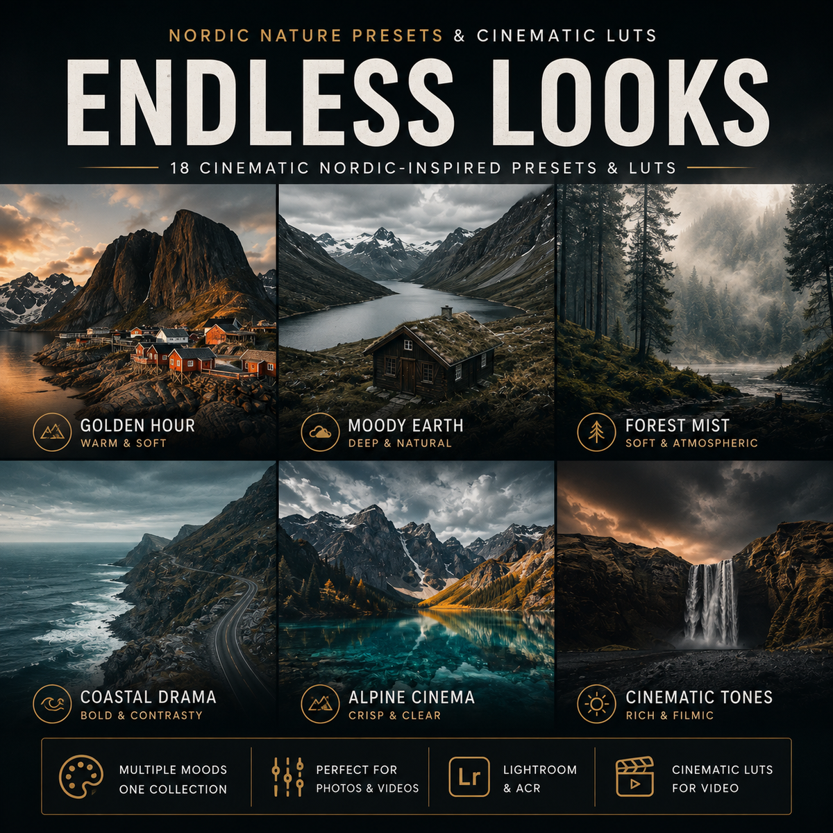 Promotional graphic for 'Endless Looks' featuring six cinematic Nordic nature presets and luts, each with a landscape photo and descriptive text: Golden Hour, Moody Earth, Forest Mist, Coastal Drama, Alpine Cinema, and Cinematic Tones.