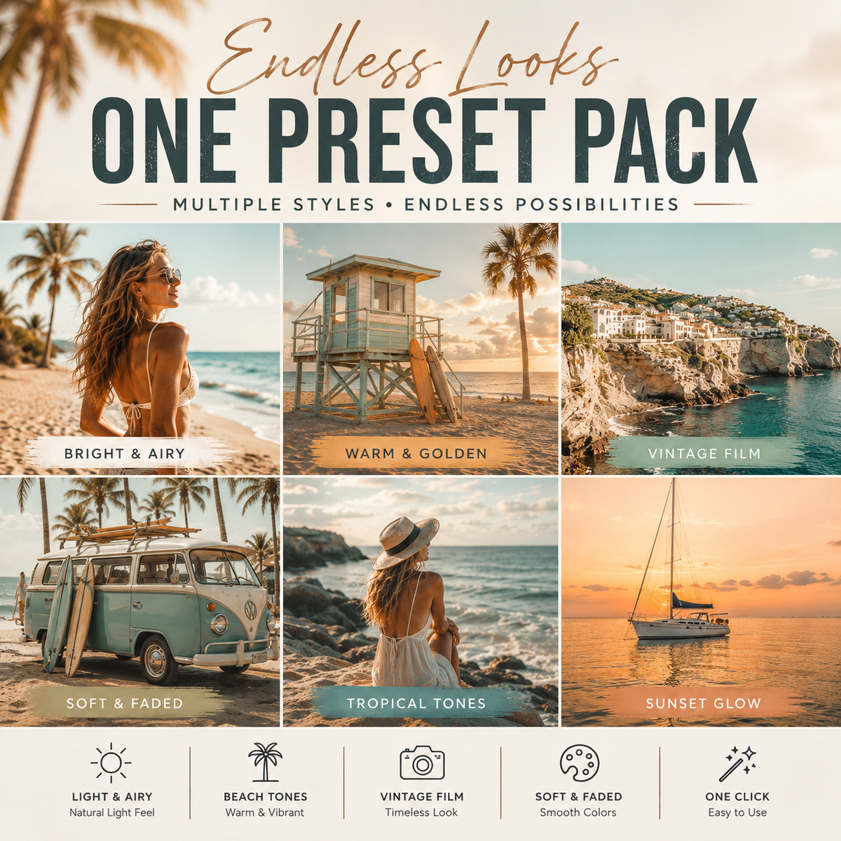 Promotional graphic for an endless looks one preset pack, showing six beach and coastal lifestyle photos with warm edited tones and text labels for styles like bright & airy, warm & golden, vintage film, soft & faded, tropical tones, and sunset glow. Large headline at top reads 'Endless Looks One Preset Pack' with smaller text 'Multiple styles • Endless possibilities.