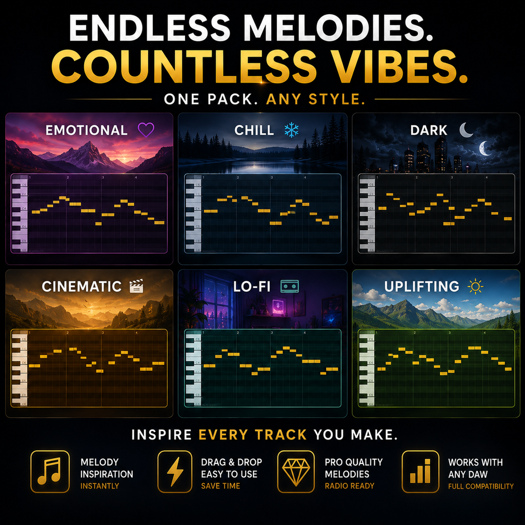 Promotional graphic for a music sample pack showing six preset categories: Emotional, Chill, Dark, Cinematic, Lo-Fi, and Uplifting. Each category has a piano-key style waveform visualization with a scenic background and a small piano keyboard overlay.