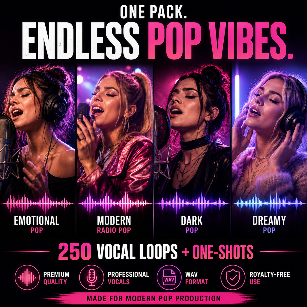 Promotional graphic for a music production pack titled 'ENDLESS POP VIBES.' with four portrait panels of female vocalists in different moods, labeled Emotional Pop, Modern Radio Pop, Dark Pop, and Dreamy Pop.