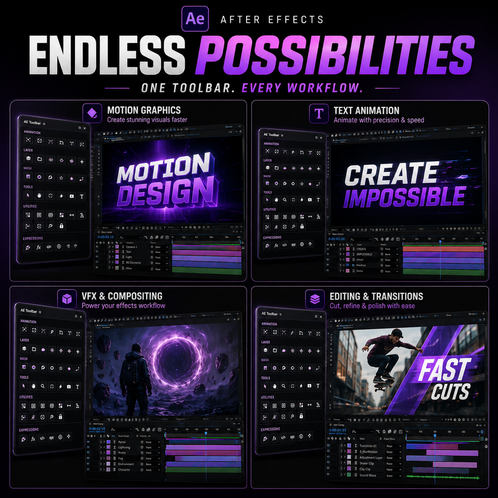 Promotional graphic for After Effects add-ons or templates, with the title 'ENDLESS POSSIBILITIES' and four panels showing software interface previews for Motion Graphics, Text Animation, VFX & Compositing, and Editing & Transitions.