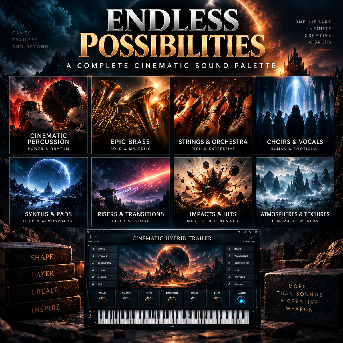 Promotional graphic for a cinematic sound library called 'Endless Possibilities', showing a grid of eight music genres with dramatic sci-fi and fantasy artwork, plus a central mixer interface and text badges around the edges.