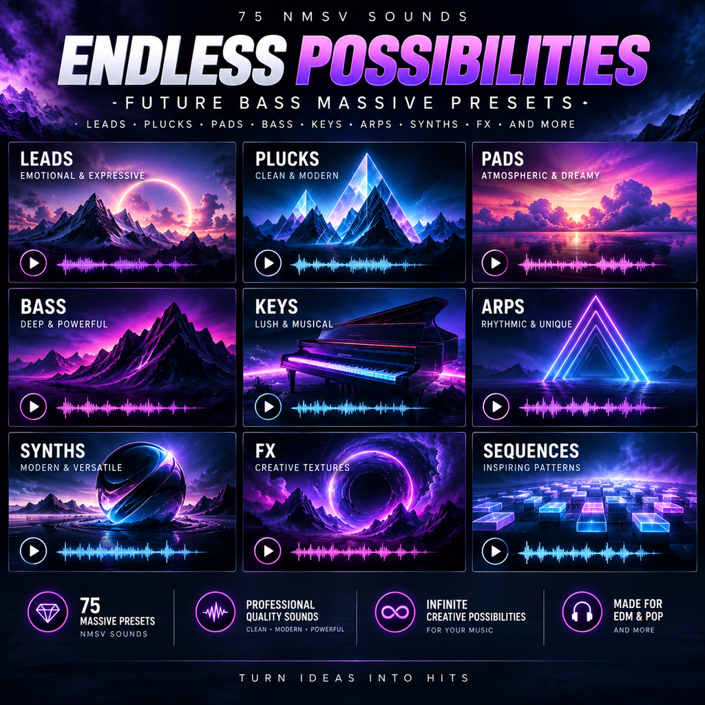 Promotional graphic for 'Endless Possibilities - Future Bass Massive Presets' featuring a grid of nine neon purple and blue sound design categories with waveforms, piano keys, mountains, and glowing geometric graphics on a dark cosmic background.