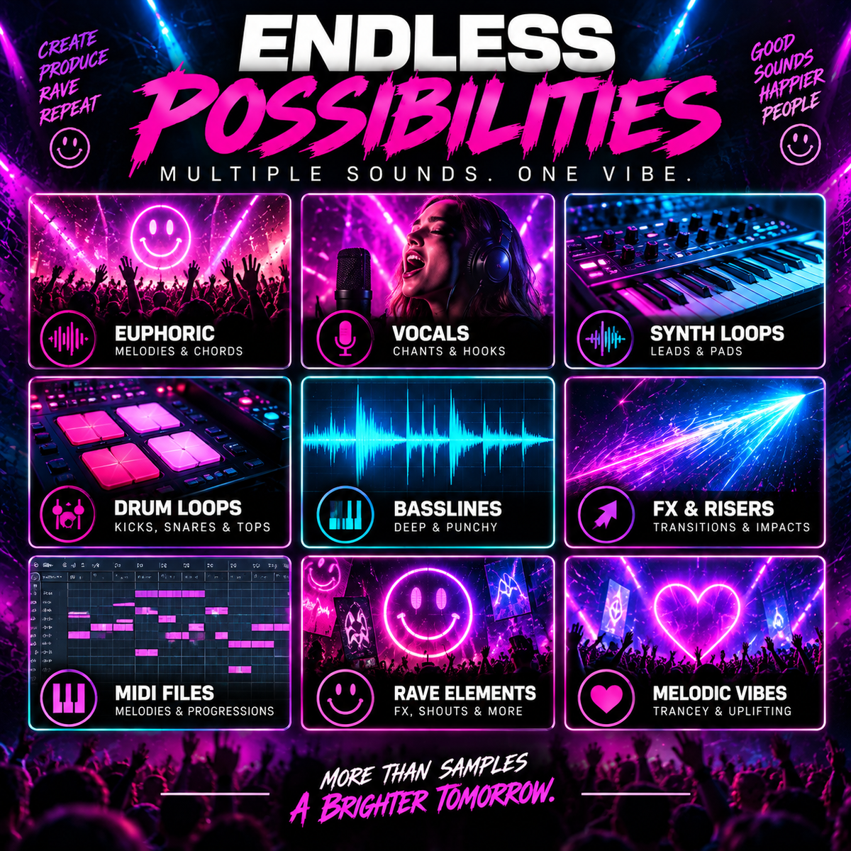 Promotional graphic for a digital audio sample pack titled 'ENDLESS POSSIBILITIES' with neon purple, pink, and blue graphics. The layout shows nine labeled feature tiles including euphoric melodies, vocals hooks, synth loops, drum loops, basslines, FX & risers, MIDI files, rave elements, and melodic vibes.