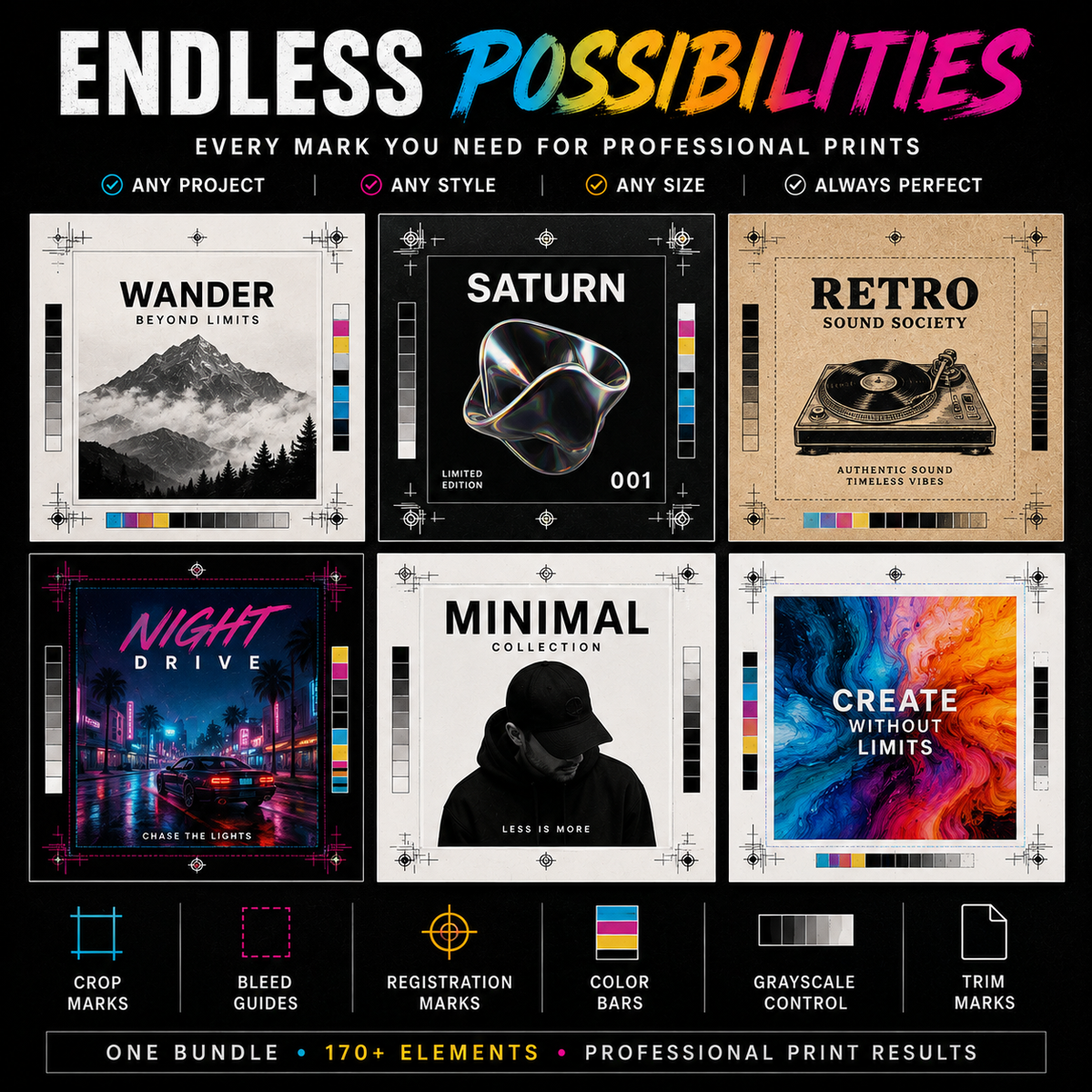 Promotional graphic for a digital print bundle titled 'ENDLESS POSSIBILITIES' showing six example poster designs arranged in a grid, with feature icons and text at the top and bottom. The designs include abstract and portrait-style print templates such as 'Wander,' 'Saturn,' 'Retro Sound Society,' 'Night Drive,' 'Minimal Collection,' and 'Create Without Limits.