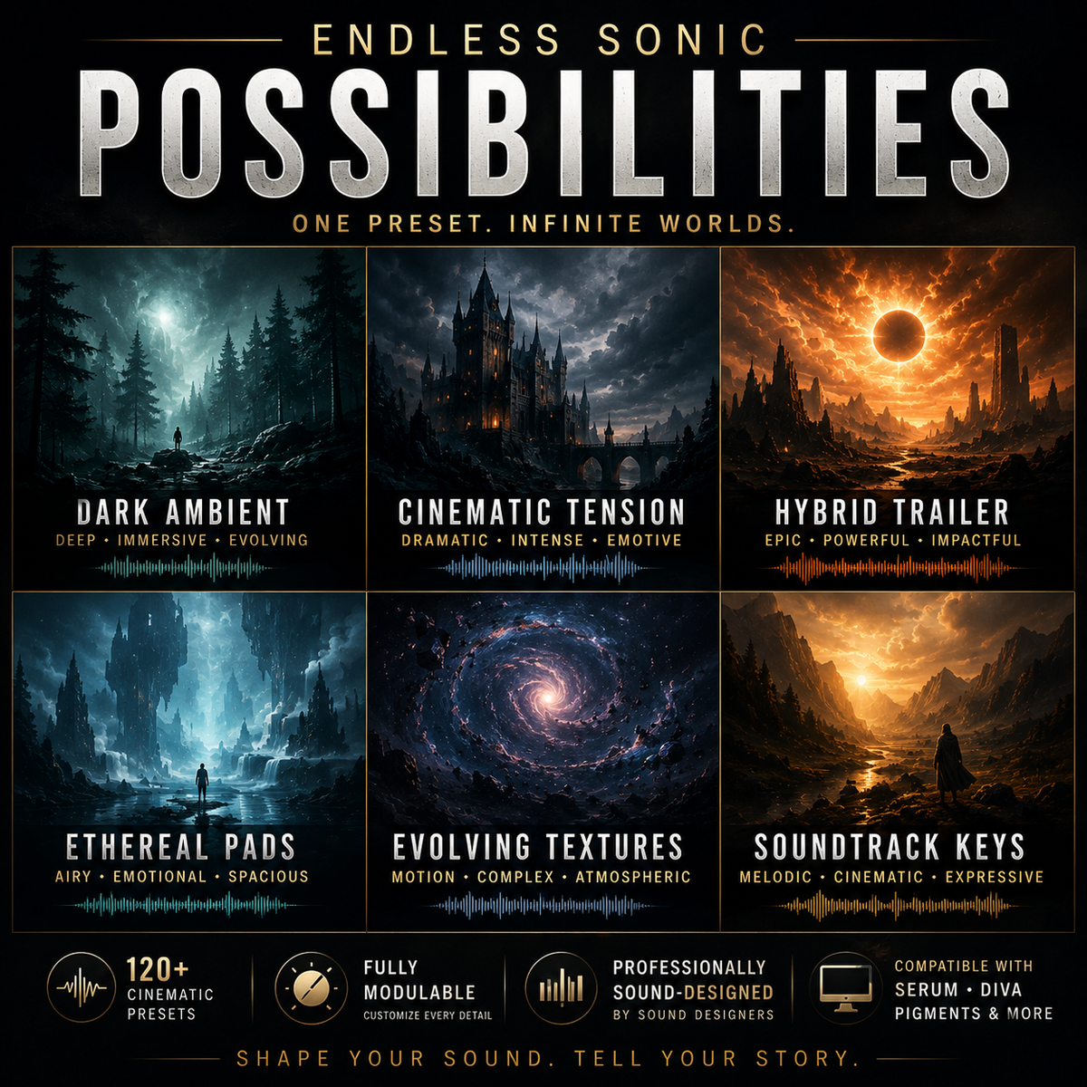 Promotional graphic for 'Endless Sonic Possibilities' preset pack, showing six atmospheric sound design categories: Dark Ambient, Cinematic Tension, Hybrid Trailer, Ethereal Pads, Evolving Textures, and Soundtrack Keys. Each panel features a dramatic dark fantasy or sci-fi scene with a title, tagline, and feature icons at the bottom.