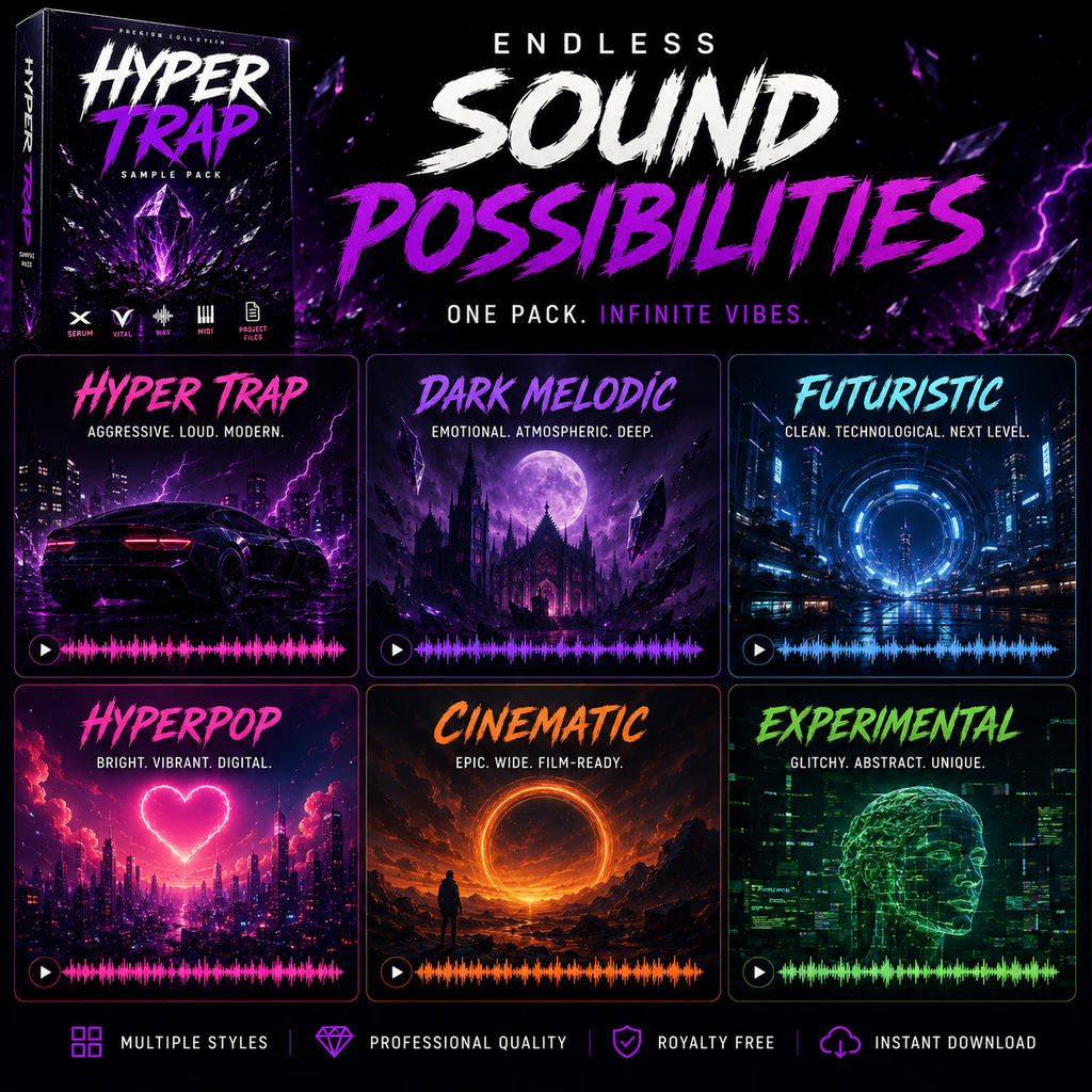 Promotional graphic for a sound library pack titled 'Endless Sound Possibilities' with a boxed cover on the left and six sample category tiles below: Hyper Trap, Dark Melodic, Futuristic, Hyperpop, Cinematic, and Experimental. The design uses neon purple, pink, blue, and orange graphics on a dark background, with text emphasizing one pack, infinite vibes, multiple styles, professional quality, royalty free, and instant download.