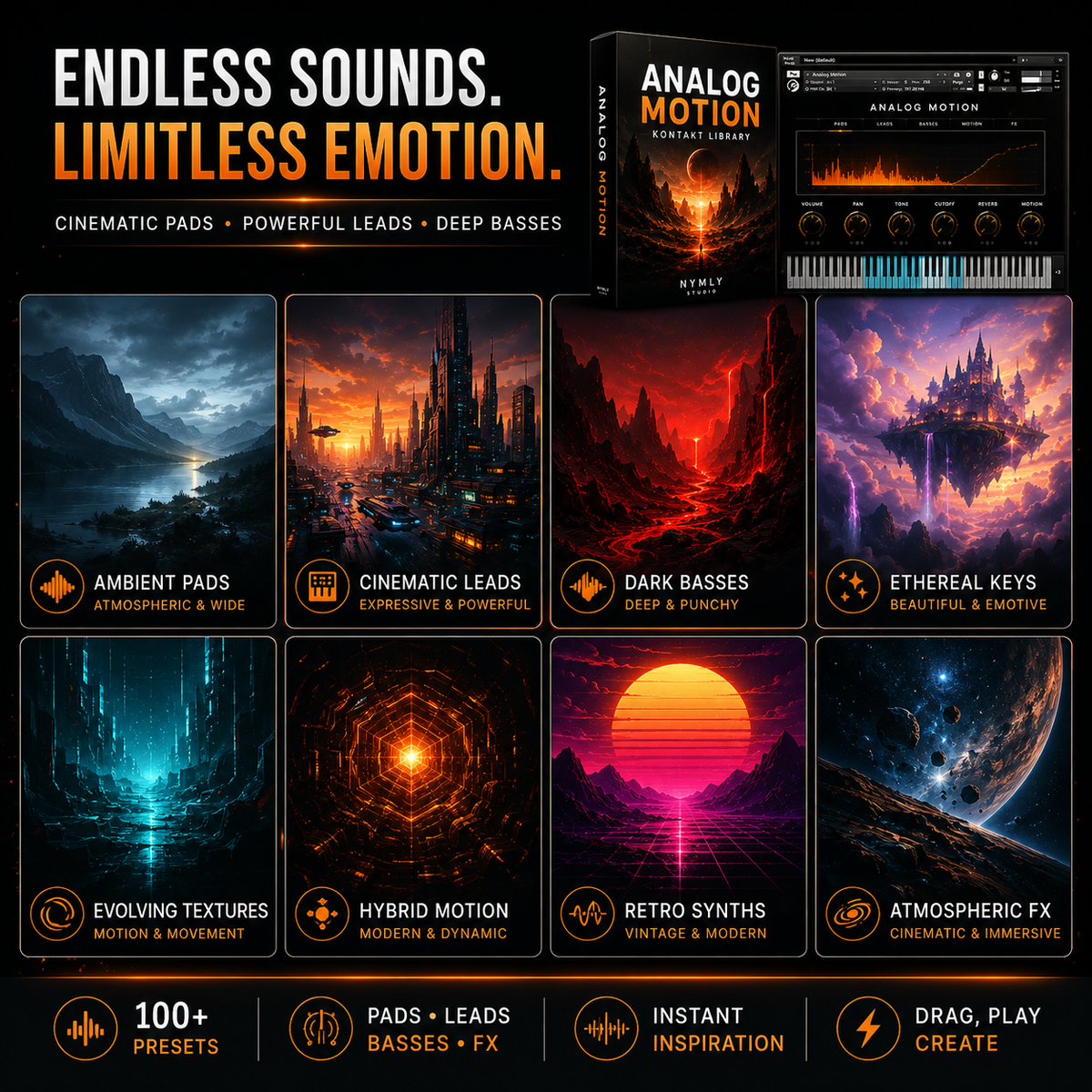 Promotional graphic for a digital audio preset pack titled 'ANALOGMOTION' by Nyctus, showing a software interface box and piano graphic alongside eight illustrated sound categories: Ambient Pads, Cinematic Leads, Dark Basses, Ethereal Keys, Evolving Textures, Hybrid Motion, Retro Synths, and Atmospheric FX. Text at the top reads 'ENDLESS SOUNDS.