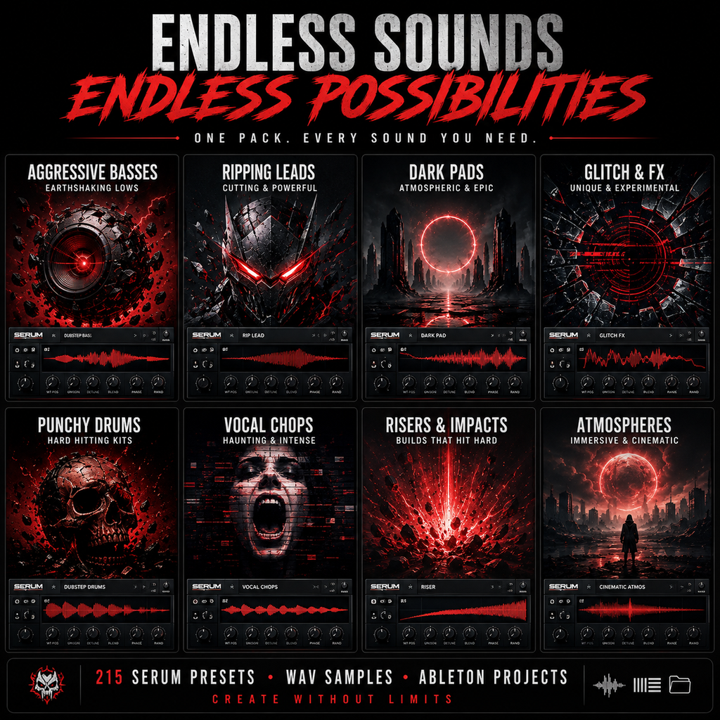 Promotional graphic for a preset/sample pack titled 'ENDLESS SOUNDS / ENDLESS POSSIBILITIES' with eight dark sci-fi audio category tiles: Aggressive Basses, Ripping Leads, Dark Pads, Glitch & FX, Punchy Drums, Vocal Chops, Risers & Impacts, and Atmospheres. The design uses black, red, and white with waveform and interface mockups, plus branding for Serum, Wav Samples, Ableton, and a wolf logo.