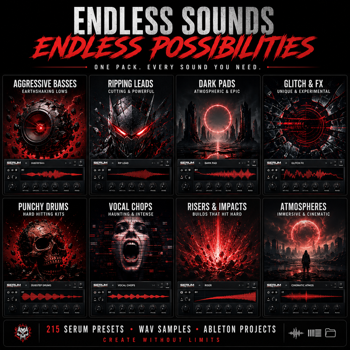 Promotional graphic for a preset/sample pack titled 'ENDLESS SOUNDS / ENDLESS POSSIBILITIES' with eight dark sci-fi audio category tiles: Aggressive Basses, Ripping Leads, Dark Pads, Glitch & FX, Punchy Drums, Vocal Chops, Risers & Impacts, and Atmospheres. The design uses black, red, and white with waveform and interface mockups, plus branding for Serum, Wav Samples, Ableton, and a wolf logo.