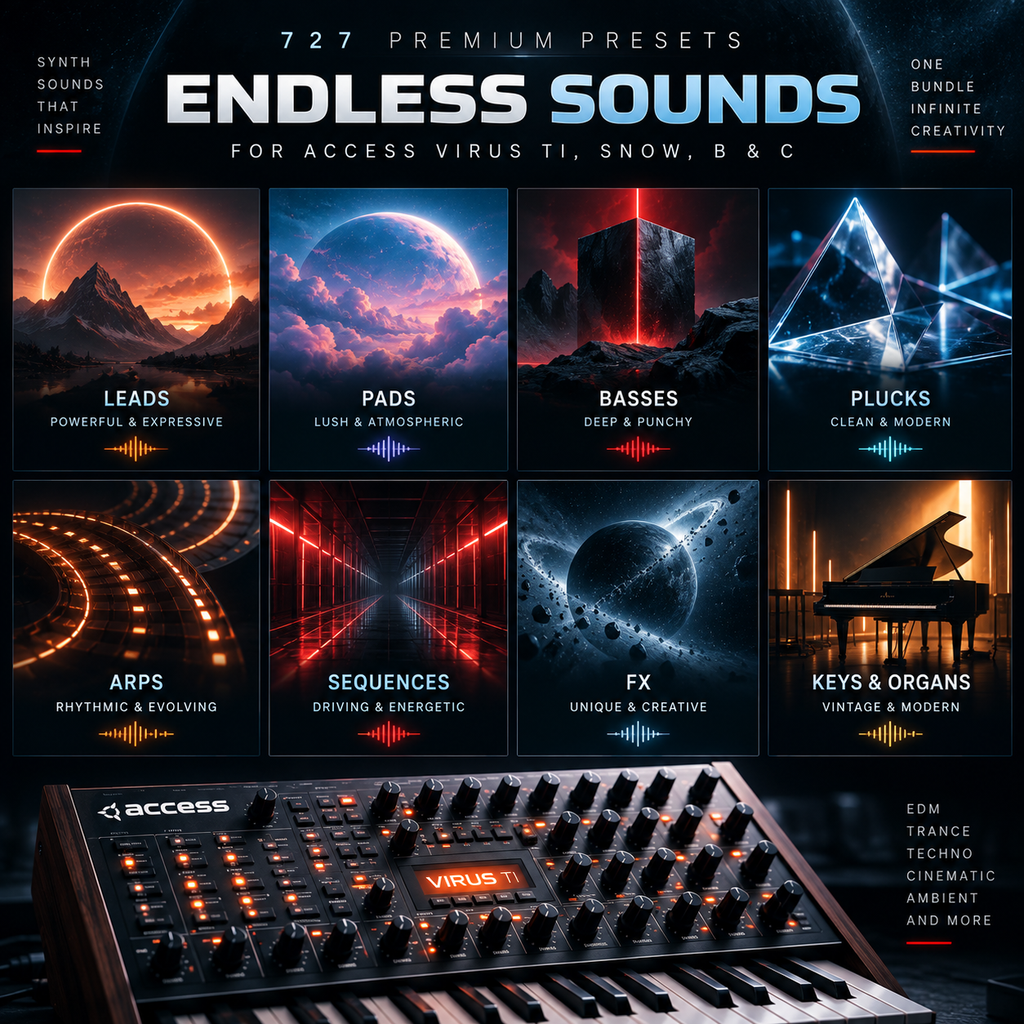 Promotional graphic for Access Virus TI Snow B & C premium presets, featuring a dark synth interface at the bottom and six sample sound categories with dramatic sci-fi and ambient visuals above.