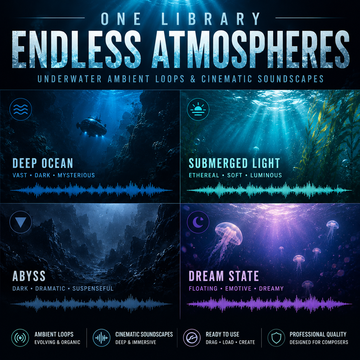 Promotional graphic for a music library titled 'ENDLESS ATMOSPHERES' showing four underwater-themed ambient soundscapes: Deep Ocean, Submerged Light, Abyss, and Dream State, each with a waveform preview and descriptive text.