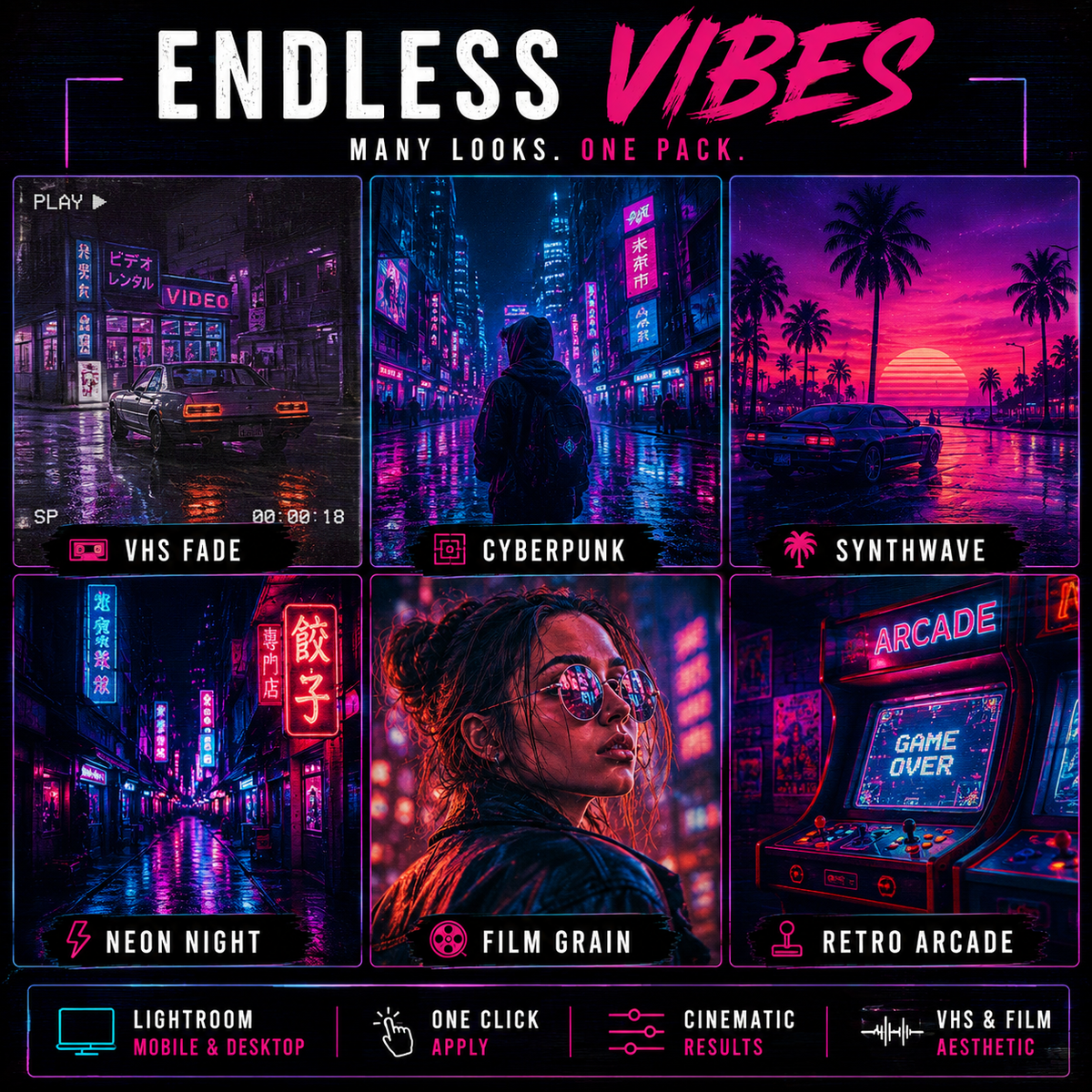 Promotional graphic for a digital video transition pack titled 'ENDLESS VIBES' showing six neon cyberpunk city scenes labeled VHS Fade, Cyberpunk, Synthwave, Neon Night, Film Grain, and Retro Arcade, with feature text at the bottom.