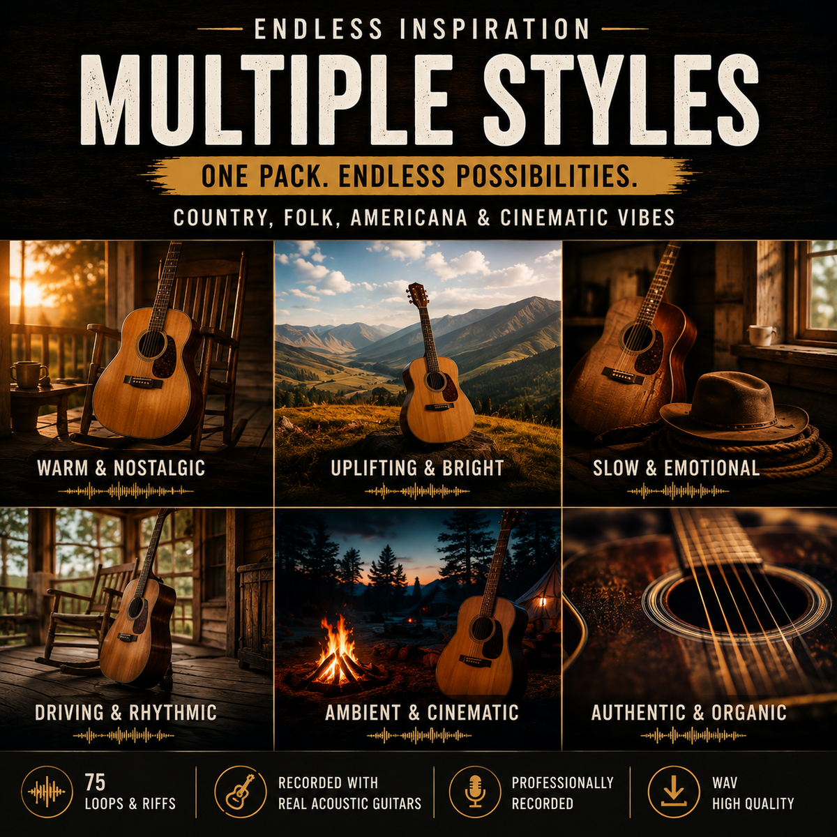 Country folk acoustic guitar WAV pack showcasing warm, bright, emotional, rhythmic, ambient, and organic guitar styles.