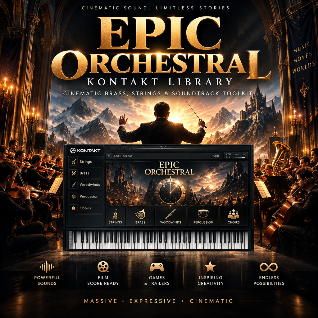 Promotional graphic for Kontakt Library's Epic Orchestral soundbank, showing a large orchestral scene in a grand cathedral with a conductor in the center and a software interface window overlaid near the bottom. Text reads 'EPIC ORCHESTRAL', 'KONTAKT LIBRARY', and feature callouts like cinematic brass, strings, woodwinds, percussion, and chords.