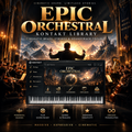 Promotional graphic for Kontakt Library's Epic Orchestral soundbank, showing a large orchestral scene in a grand cathedral with a conductor in the center and a software interface window overlaid near the bottom. Text reads 'EPIC ORCHESTRAL', 'KONTAKT LIBRARY', and feature callouts like cinematic brass, strings, woodwinds, percussion, and chords.