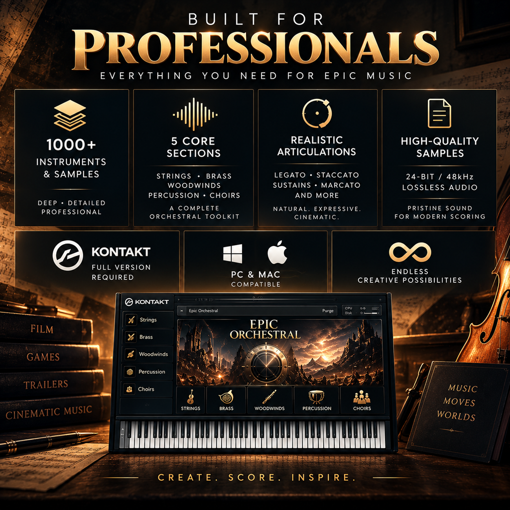 Promotional graphic for the Kontakt Epic Orchestral audio plugin, featuring a dark gothic design with gold typography, feature callout tiles, a software interface screenshot, and decorative books and a music score in a dramatic, cinematic setting.