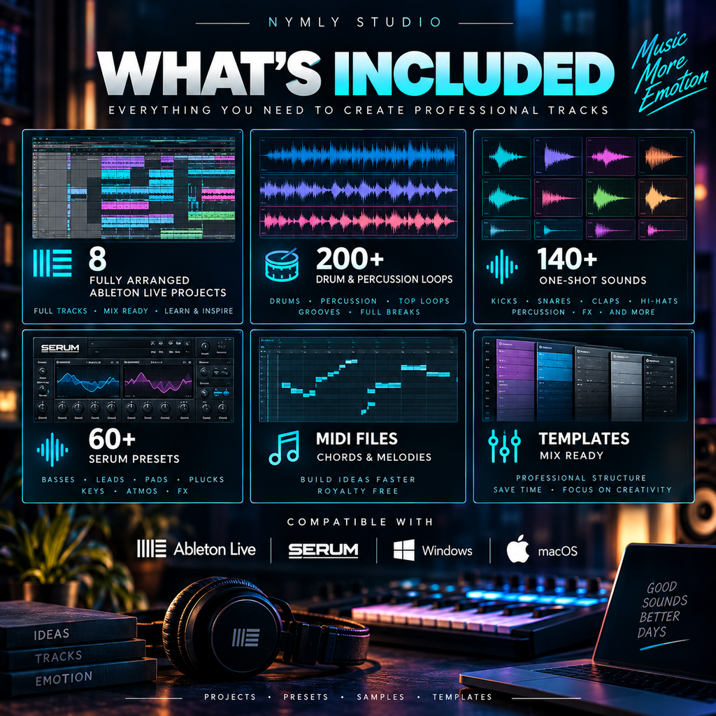 Promotional graphic for a digital music production bundle titled 'What's Included' by Nymly Studio, showing multiple feature panels with text such as 8 arranged Ableton live projects, 200+ percussion loops, 140+ one-shot sounds, 60+ serum presets, midi files, and templates. The layout includes logos for Ableton Live, Serum, and Windows, and compatibility text for macOS.