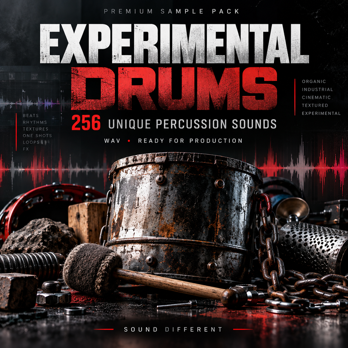 Promotional cover art for an audio sample pack titled 'Experimental Drums' with the subtitle '256 Unique Percussion Sounds.' The design features a dark industrial background with a central rusted metal drum, a muffled drumstick, chains, and percussion-related objects, plus red soundwave graphics and bold white and red typography.