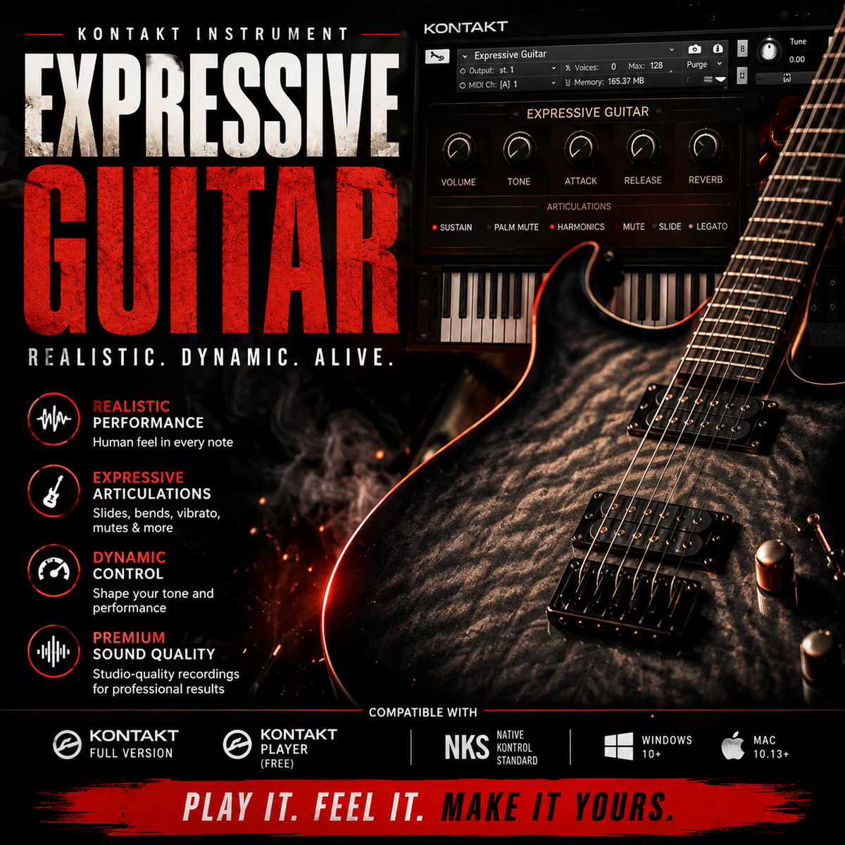 Promotional graphic for Kontakt Instrument Expressive Guitar virtual instrument, featuring a close-up of a dark electric guitar, a piano keyboard interface, and large text highlighting realistic performance, expressive articulations, dynamic control, and premium sound quality.