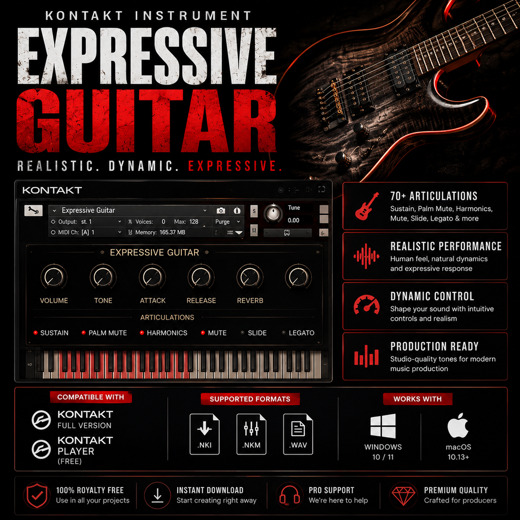 Promotional graphic for Kontakt Instrument Expressive Guitar, showing a dark guitar headstock, a virtual guitar interface with knobs and piano keyboard, and feature callouts on a black background with red and white text.